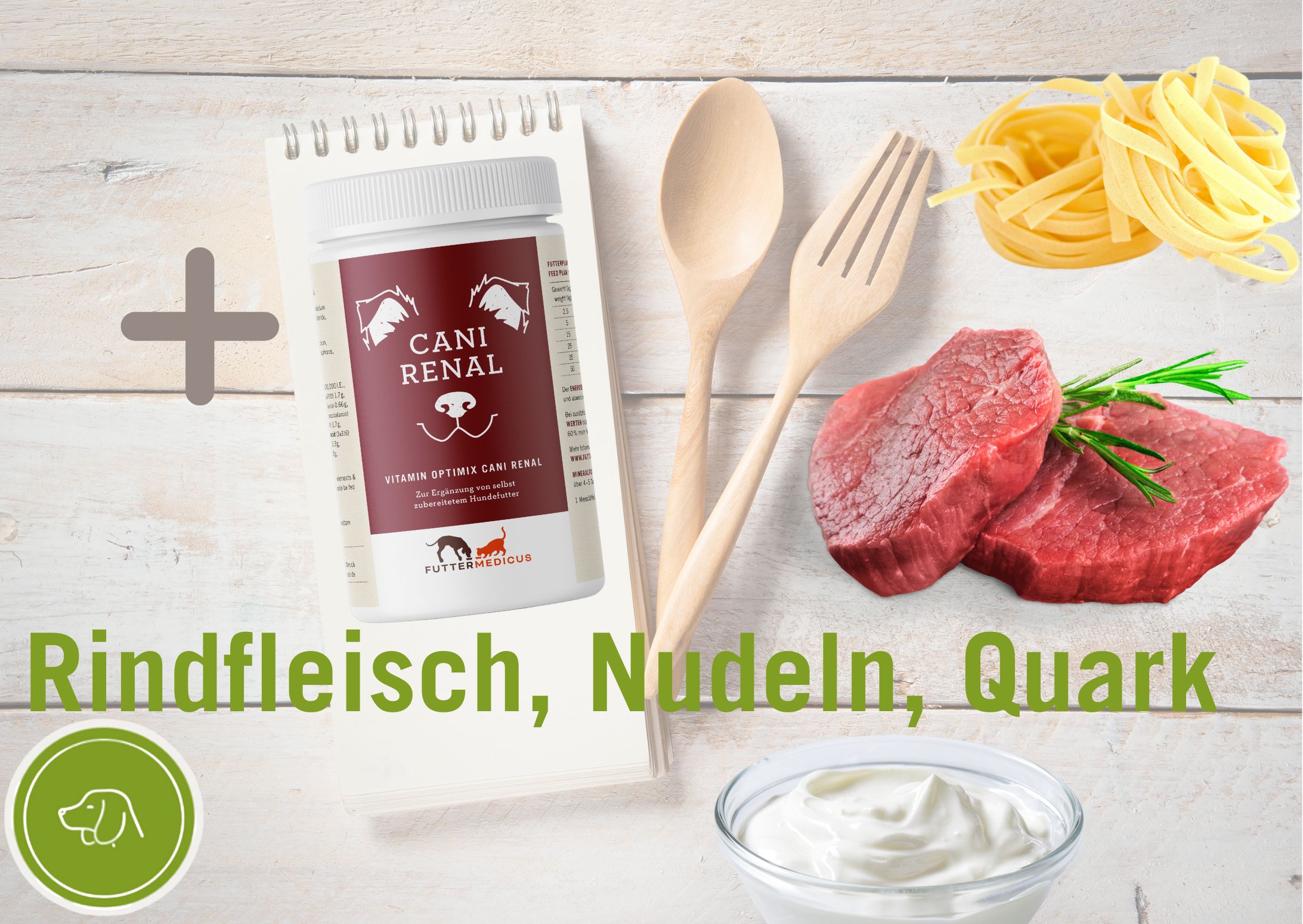 Rindfleisch mit Nudeln und Quark für Hunde mit Vitamin Optimix Cani Renal